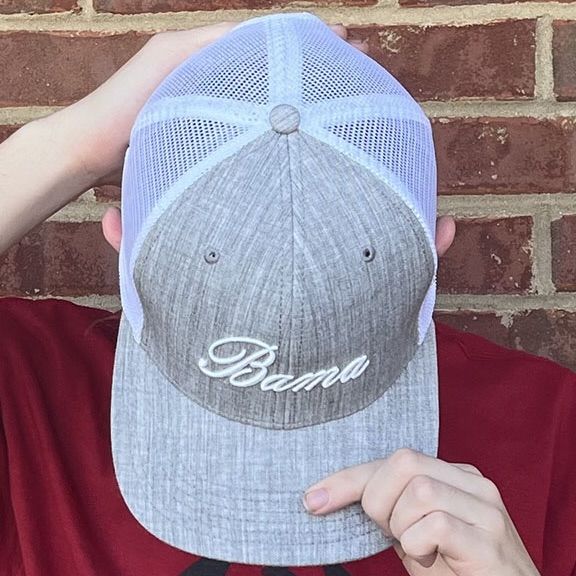 AL LEGACY SCRIPT GREY MID-PRO SNAPBACK TRUCKER CAP